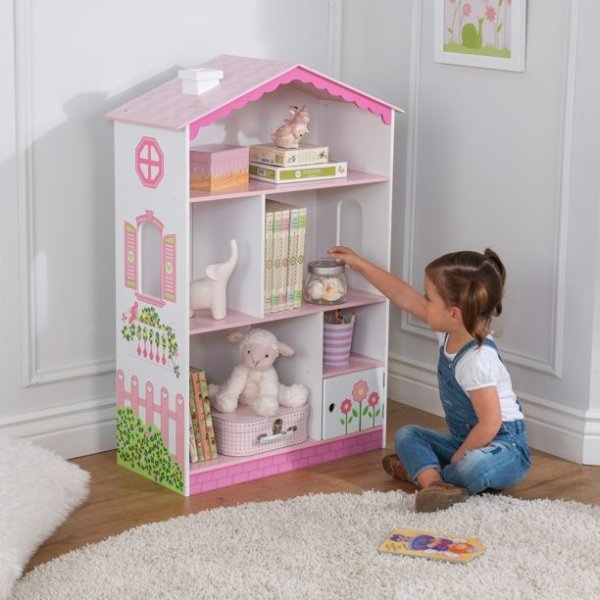 Dollhouse Cottage Wooden Bookcase, Pink & White
