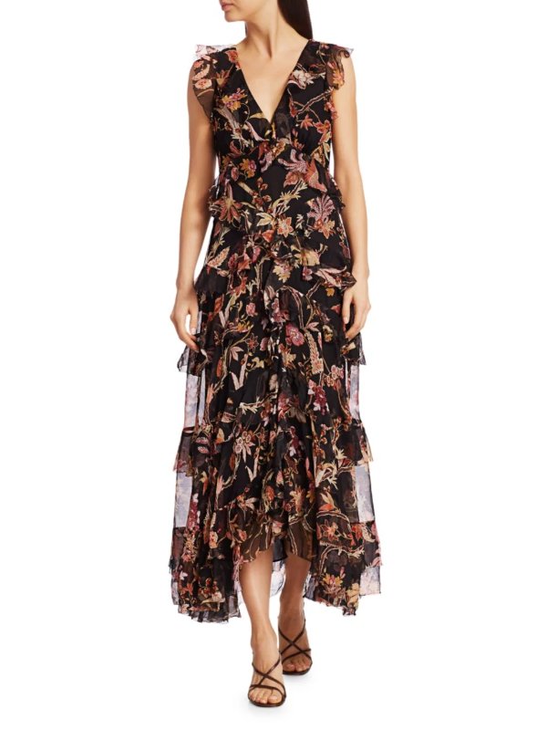 - Wavelength Frilled Floral Silk Maxi Dress