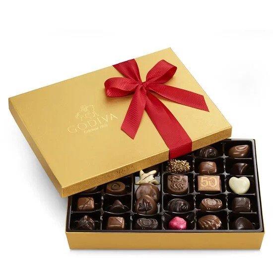Assorted Chocolate Gold Gift Box, Red Holiday Ribbon, 36 pc.