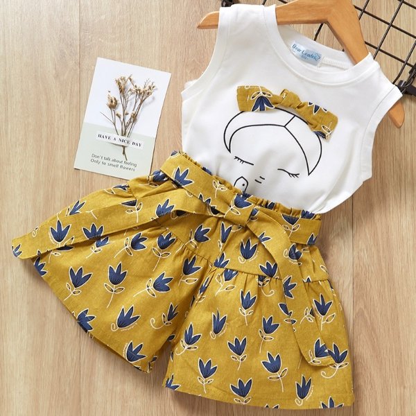 Baby / Toddler Girl Bow Decor Top and Printed Shorts Set