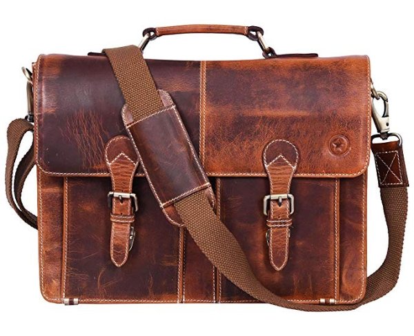 15.5" Leather Briefcase Messenger Bag for Laptop by Aaron Leather (Brown)