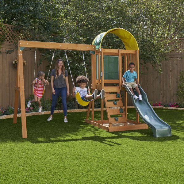 Ainsley Wooden Outdoor Swing Set with Slide, Chalk Wall, Canopy and Rock Wall