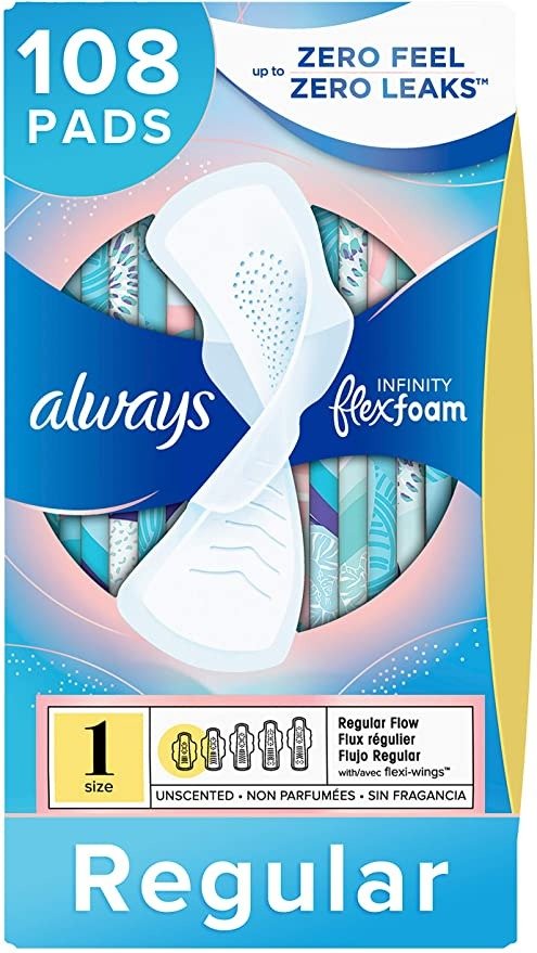 Always Infinity Feminine Pads for Women, Size 1, 108 Count, Regular Absorbency, with Wings, Unscented (36 Count, Pack of 3-108 Count Total)