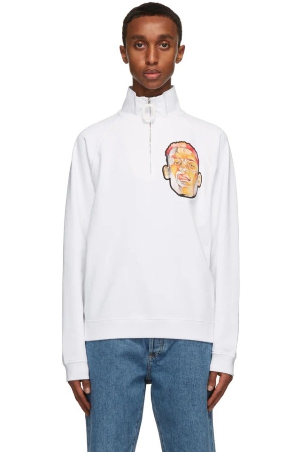 White Embroidered Face Half-Zip Sweater