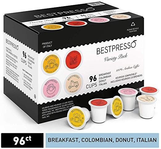 Coffee, Variety Pack Single Serve K-Cup, 96 Count. Includes Breakfast, Colombain, Donut and Italian (Compatible With 2.0 Keurig Brewers) 8 Packs Of 12 Cups