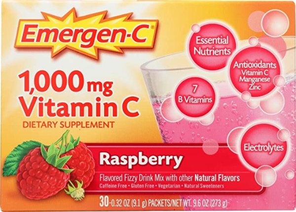 1000mg Vitamin C Powder, with Antioxidants, B Vitamins and Electrolytes, Immunity Supplements for Immune Support, Caffeine Free Fizzy Drink Mix, Raspberry Flavor - 30 Count/1 Month Supply
