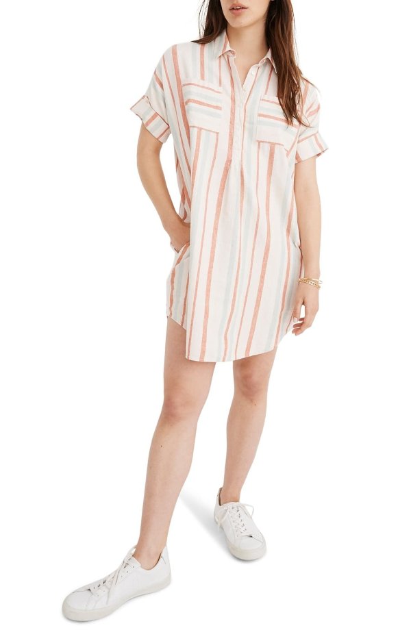 Courier Stripe Linen & Cotton Popover Dress