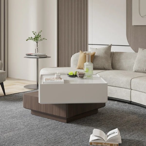 Modern Square Swivel Rotating Coffee Table with 2 Drawers in White & Walnut-Homary