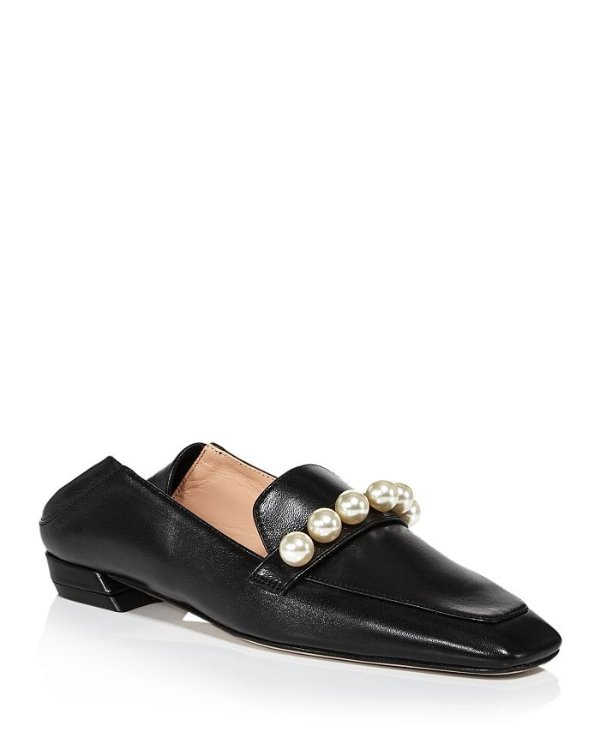 Women's Mickee Square Toe Pearl Embellished Leather Loafers | Bloomingdale's