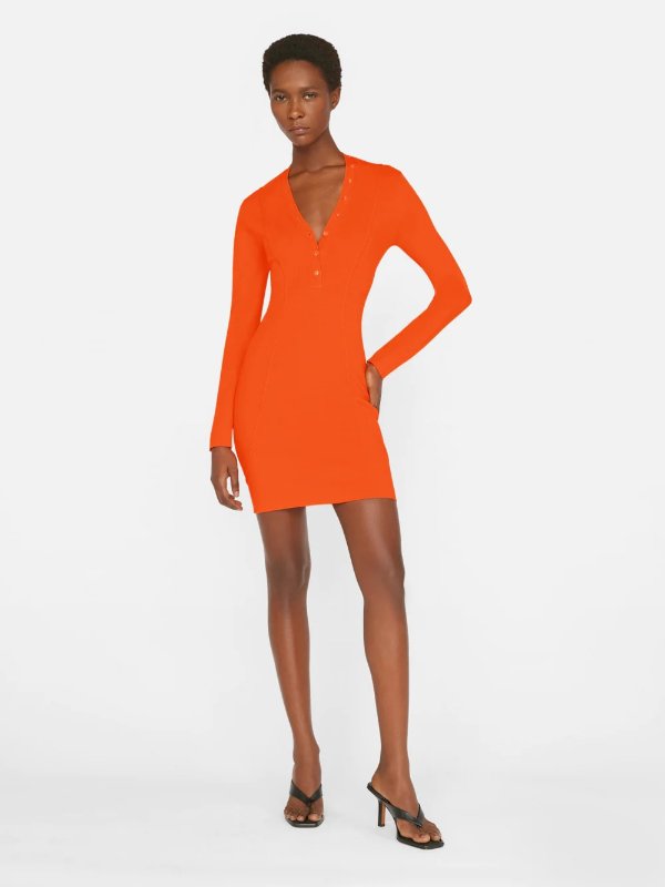 Seamed Button Mini Dress -- Bright Mandarin