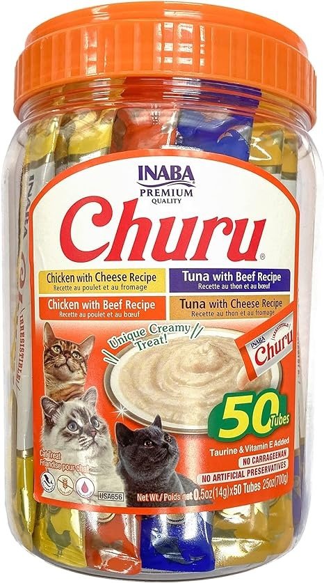 INABA Churu Cat Treats, Grain-Free, Lickable, Squeezable Creamy Puree Cat Treat/Topper with Vitamin E & Taurine, 0.5 Ounces Each Tube, 50 Tubes, Beef & Cheese Variety