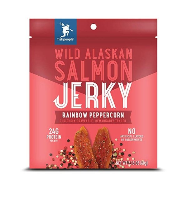 Wild Alaskan Salmon Jerky, Rainbow Peppercorn, 2.15 ounce (3 pack), 24g Protein and 900mg Omega-3s per bag, Low sugar, Gluten-free, Antibiotic-free, Non-GMO