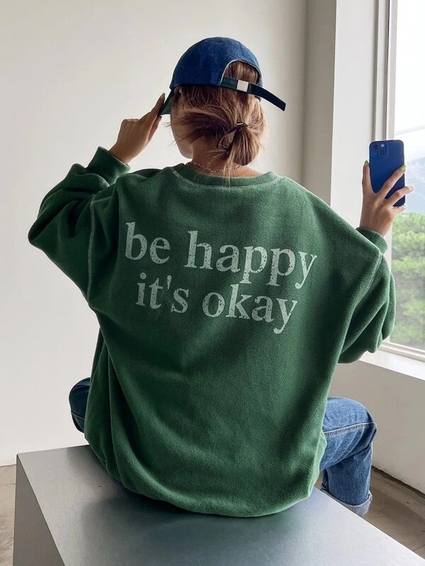 DAZY Kpop Slogan Graphic Drop Shoulder Fleece Oversized Sweatshirt Without Tee