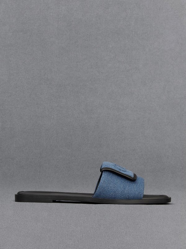 Leather & Denim Slide Sandals - Blue