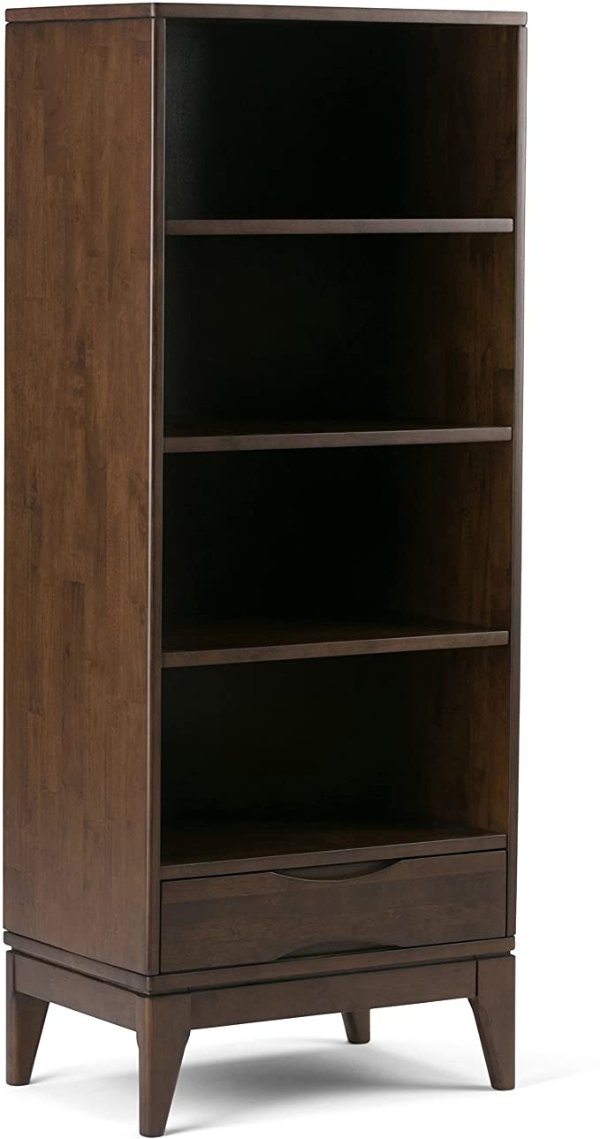 Harper SOLID HARDWOOD 60 inch x 24 inch Mid Century Modern Bookcase with Storage in Walnut Brown with 1 Drawer and 4 Shelves, for the Living Room, Study and Office