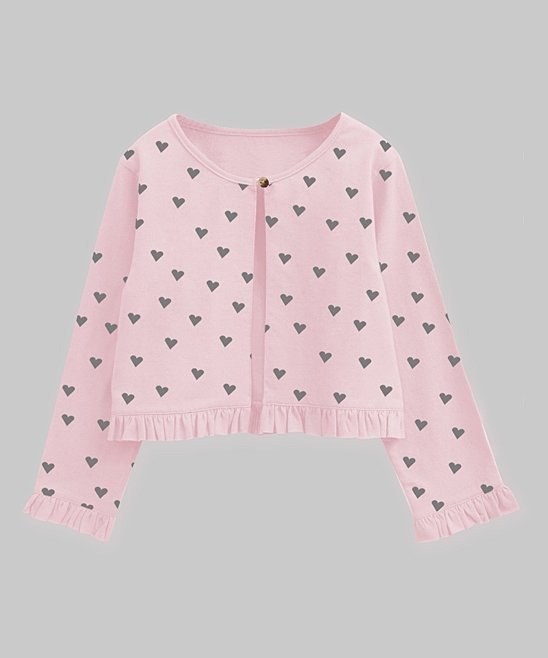 Soft Pink & Charcoal Heart Ruffle-Hem Evie Cardigan - Infant, Toddler & Girls