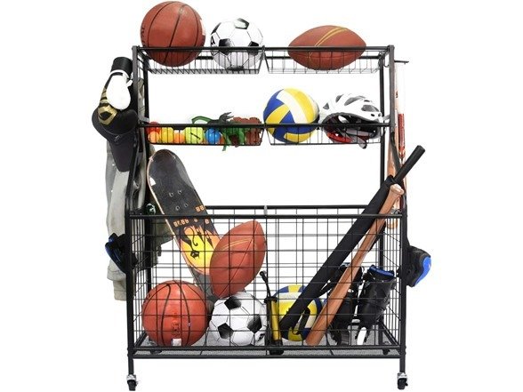 TNINE T9-48 Garage Sports Equipment Organizer, Ball Storage Rack for Garage and Home Gym, Rolling Sports Ball Storage Cart, Black