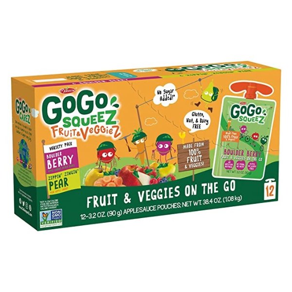 Fruit & VeggieZ on the Go, Variety Pack (Apple Pear/Apple Berry), 3.2 Ounce (72 Pouches), Gluten Free, Vegan Friendly, Unsweetened, Recloseable, BPA Free Pouches (Package May Vary)