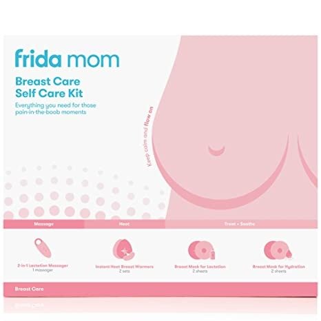 Frida Mom Breast Care Self Care Kit - 2-in-1 Lactation Massager, Instant Heat Breast Warmers, Breast Mask for Hydration, Breast Mask for Lactation - 9 Piece Set