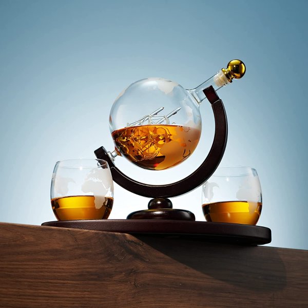 Whiskey Decanter Globe Set with 2 Etched Whiskey Glasses