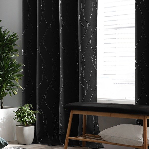 Blackout Black Curtains for Living Room, 63 Inch Long - Grommet Window Curtains with Wave Line with Dots Pattern (52 x 63 Inch, Black, 2 Panels)