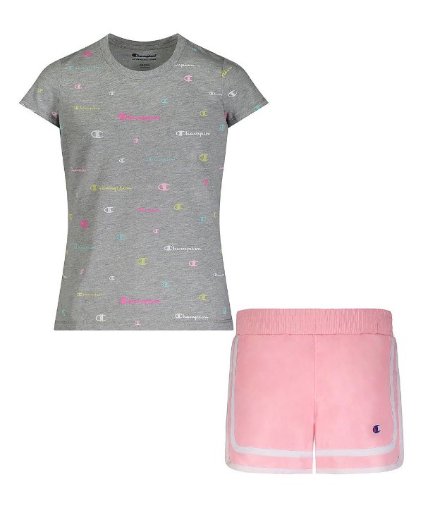 Oxford Heather 'Champion' Script Tee & Pink Candy Varsity Shorts - Toddler & Girls
