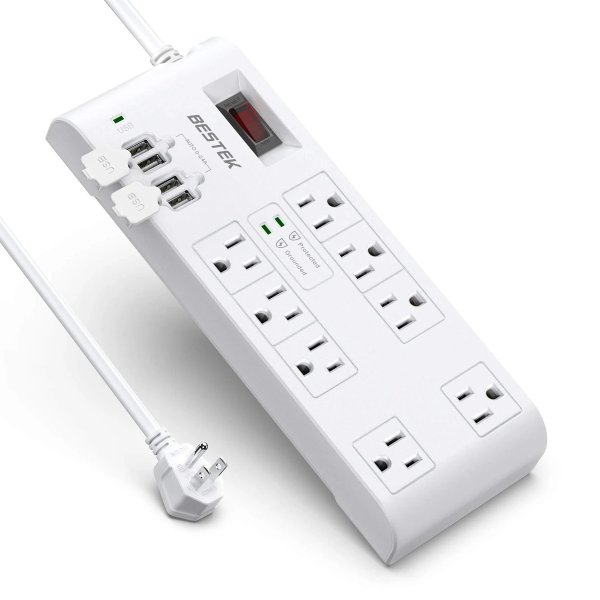 BESTEK 8-Outlet 15A Surge Protector Power Strip with USB, 2,000J, FCC ETL, 125V, DC 5V, 4.2A 4-Port USB Charging (White)
