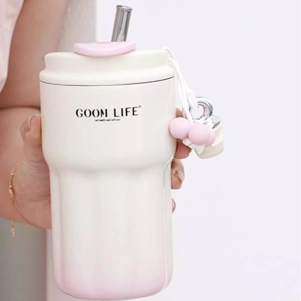 18/10 Stainless Steel Spill Proof Tumbler with Lid and Straw, Insulated Water Bottle with Flip Lid and Straw Mouth Rotary Lock, 18oz 6-Layer Wall Insulated Coffee Tumbler - White, Pink