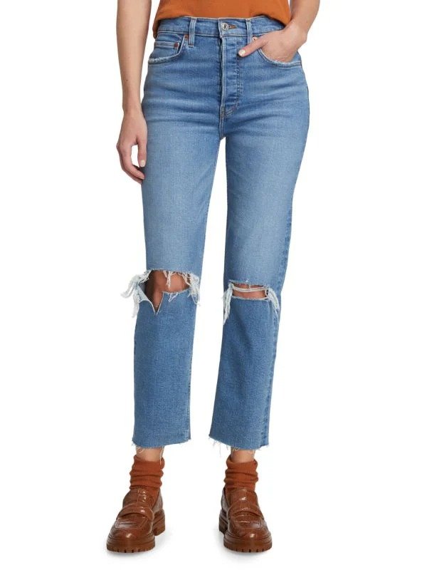 70s Stove Pipe High Rise Stretch Straight Crop Jeans