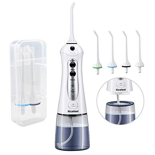 Cordless Water Flosser, Nicefeel 300ML USB Rechargeable and Portable Oral Irrigator with Tips Case for Travel, 3-modes IPX7 Waterproof Water Dental Flossing with 4 Jet Tips for Home