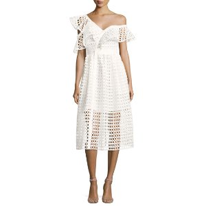 Lace Frill Asymmetric Cold-Shoulder Midi Dress