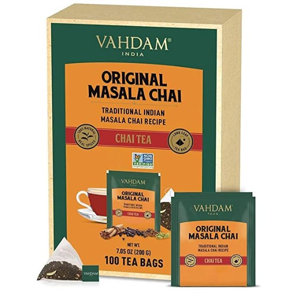 ORGANIC Masala Chai Tea Bags (100 TEA BAGS) | 100% REAL & NATURAL SPICES - Cardamom + Cinnamon + Black Pepper, Cloves | Chai Tea Bags | Brews Chai Latte
