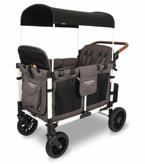 WonderFold W4 Luxe (W4S 2.0) Multifunctional Quad (4 Seater) Stroller Wagon - Charcoal Gray/White Frame (Limited Edition)