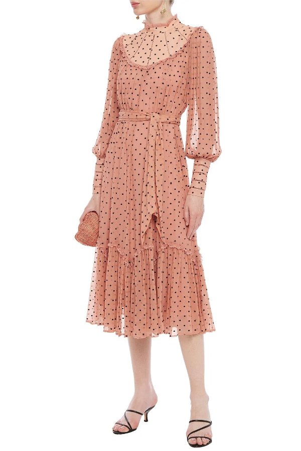Lace-trimmed Swiss-dot silk-georgette and crepon midi dress