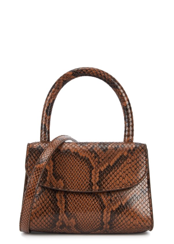 Mini snake-effect leather top handle bag