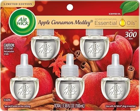Air Wick Plug in Scented Oil Refill, Apple Cinnamon Medley, 5ct, Air Freshener, Essential Oils