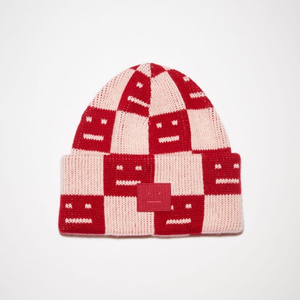Jacquard knit beanie hat - Deep red/faded pink melange