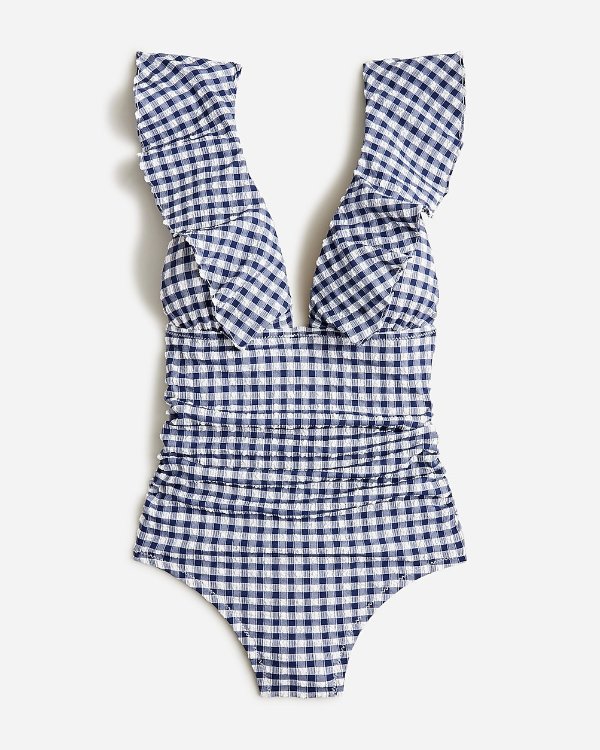 Ruched ruffle one-piece swimsuit in gingham