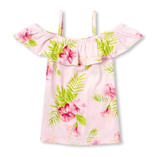 Girls Matchables Short Sleeve Floral Print Ruffle Off Shoulder Top