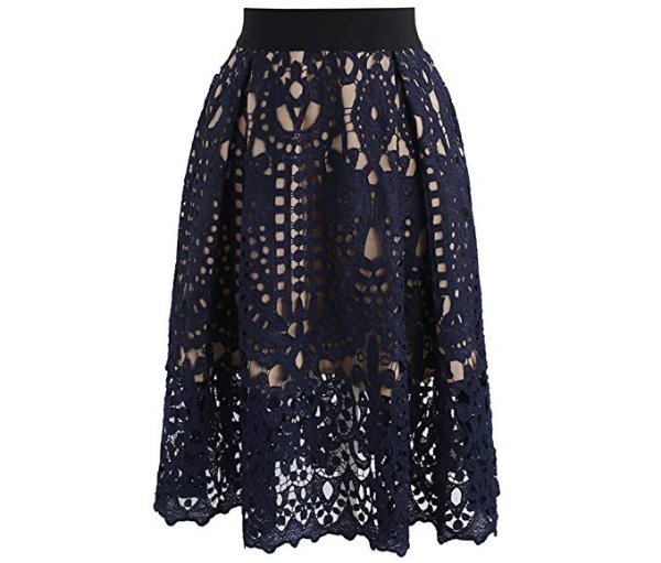 Women's Baroque Crochet Eyelet Elastic Navy/Wine Midi Skirt