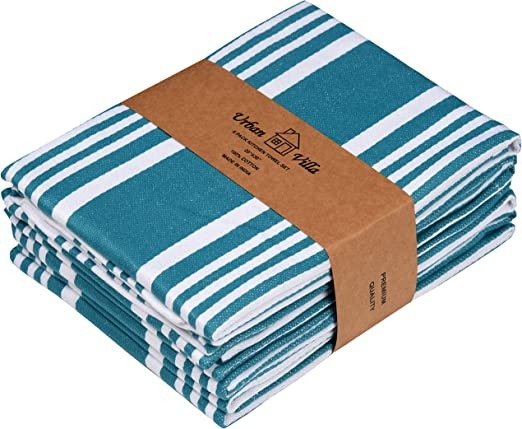 Urban Villa Kitchen Towels Trendy Stripes Teal/White Set of 6 Dish