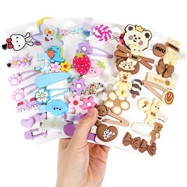 56 Pcs Hair Accessories for Girls Kids Baby Hair Clips Cute Non Slip Hair Barrettes Bear Rainbow Flower Fruit Dessert Butterfly Candy Patterns Hair Pins for Toddlers(Winter Style)