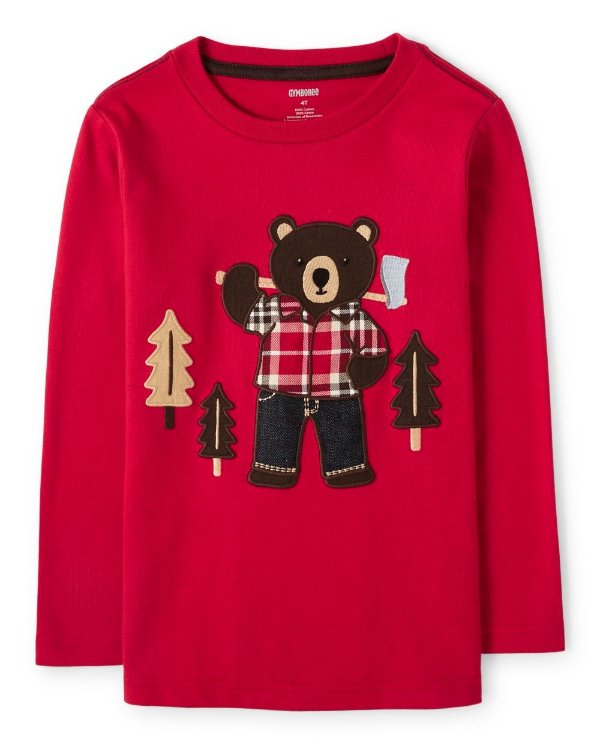 Boys Long Thermal Sleeves Embroidered Bear 2 In 1 Top - Moose Mountain