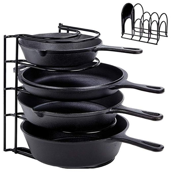 Heavy Duty Pan Organizer, 5 Tier Rack-Holds Cast Iron Skillets, Griddles and Shallow Pots, Durable Steel Construction-Space Saving Kitchen Storage, Black - no assembly required
