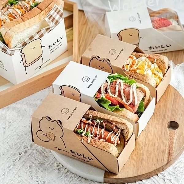 10pcs Cute Sandwich Packaging Boxes - Rectangular Egg Barbecue Toast Bread Box for Disposable Bento Drawer Packaging - Perfect for Baking and Serving Hamburgers and Sandwiches