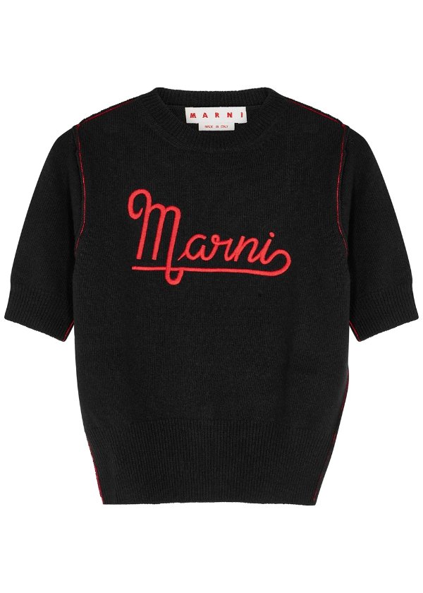 Black logo-embroidered wool top