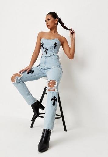 - Light Blue Co Ord Wrath Cross Patch Mom Jeans