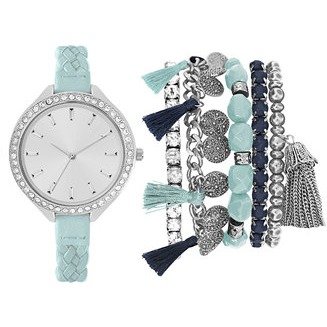 Women's Mint Braided Faux Leather Strap Watch 40mm Gift Set