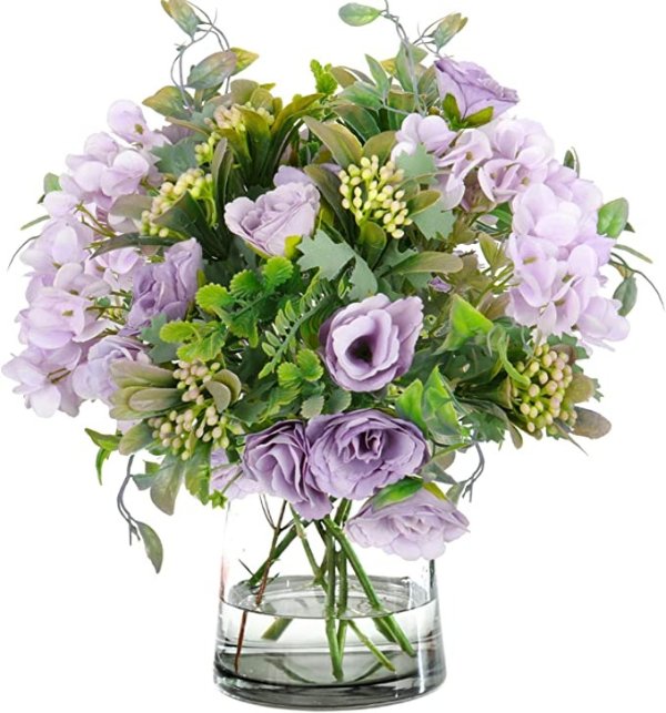 4 Bouquets Mini Artificial Peonies Flowers Silk Hydrangea with Fern Leaves Fake Plants for Table Centerpiece Flower Arrangements Wedding Decor (Purple)