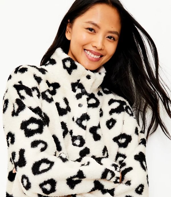 Leopard Print Sherpa Snap Collar Top | LOFT